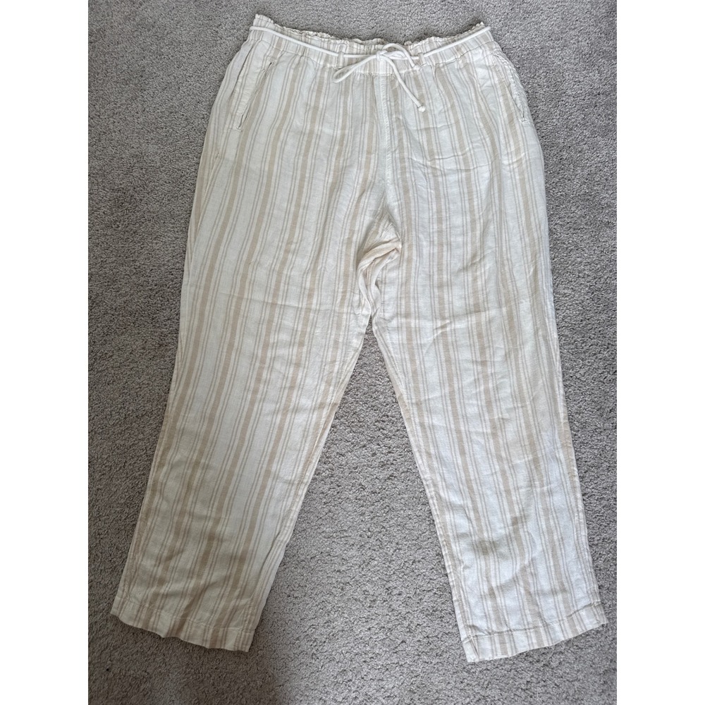 Sigrid Olsen Womens XL Linen Blend Striped Drawstring Pants Beige Cream Relaxed